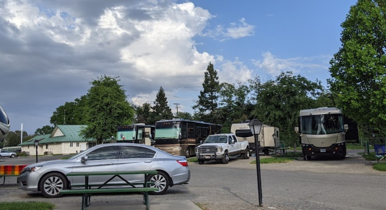 Cars, RVs, and a truck parked on a paved area surrounded by trees and a cloudy sky.